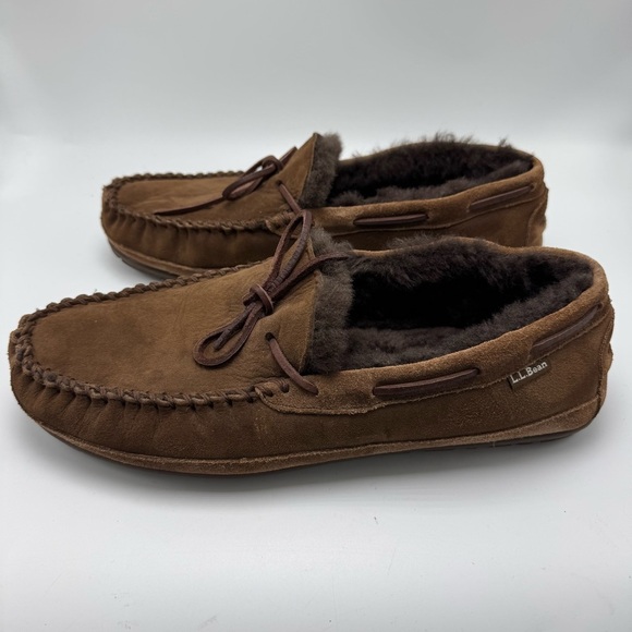 LL Bean Wicked Good Slippers Brown Suede Leather Size 13 Wide Shearling Cozy - Picture 5 of 9